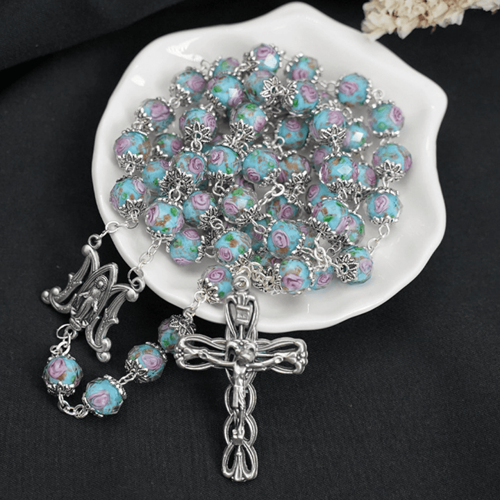 Christianartworkshop Chapelet en perles de cristal émaillé en forme de rose - Bleu ciel - image 0