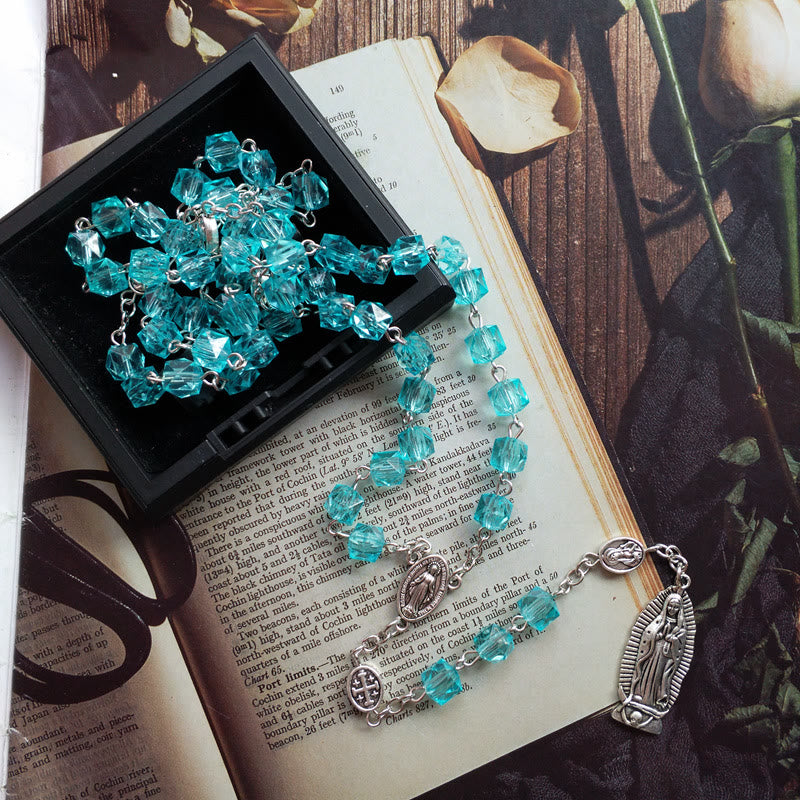 Christianartworkshop Chapelet avec médaille miraculeuse et Notre-Dame de Guadalupe, en alliage de cristal bleu polyédrique de 8 mm - 🔥3 pièces - image 0