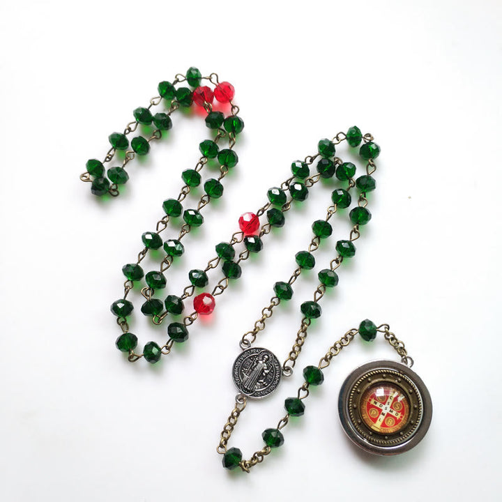 Christianartworkshop Médaille de Saint Benoît, polyèdre de 6 x 8 mm, chaîne en alliage de cristal vert, chapelet - 🔥3 pièces - image 0