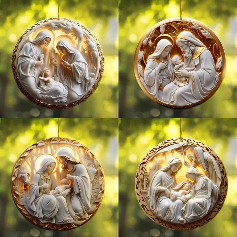 Christianartworkshop 4 styles de sculpture cubiste : Crèche de la Sainte Famille, ornements suspendus - Style 1 - Acrylique - image 0