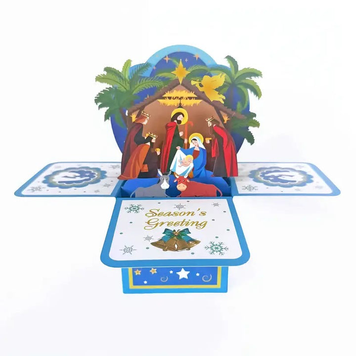 Carte de vœux 3D en papier représentant la Nativité de Jésus, avec un message de bénédiction. - image 1