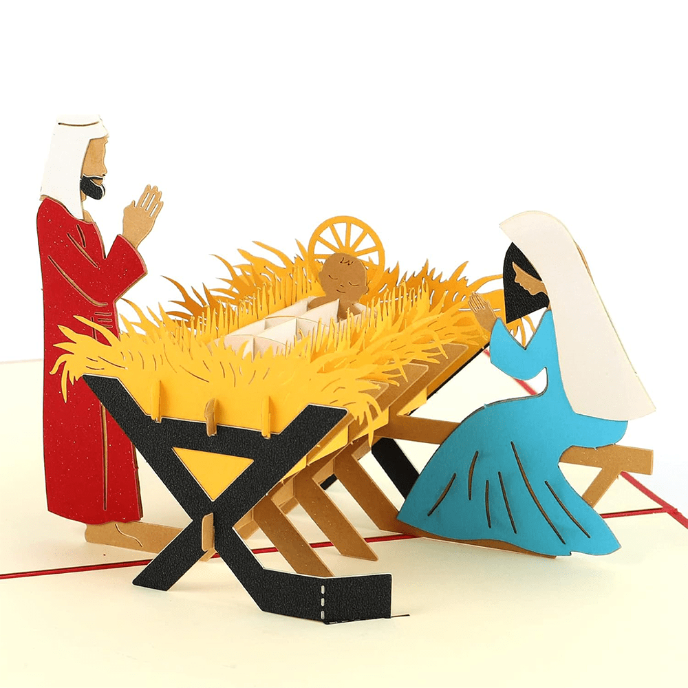 Carte de vœux rouge en papier 3D représentant la Nativité du Christ et portant un message de bénédiction - image 1