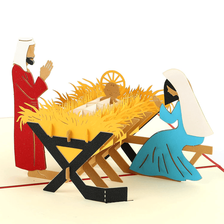 Carte de vœux rouge en papier 3D représentant la Nativité du Christ et portant un message de bénédiction - image 1