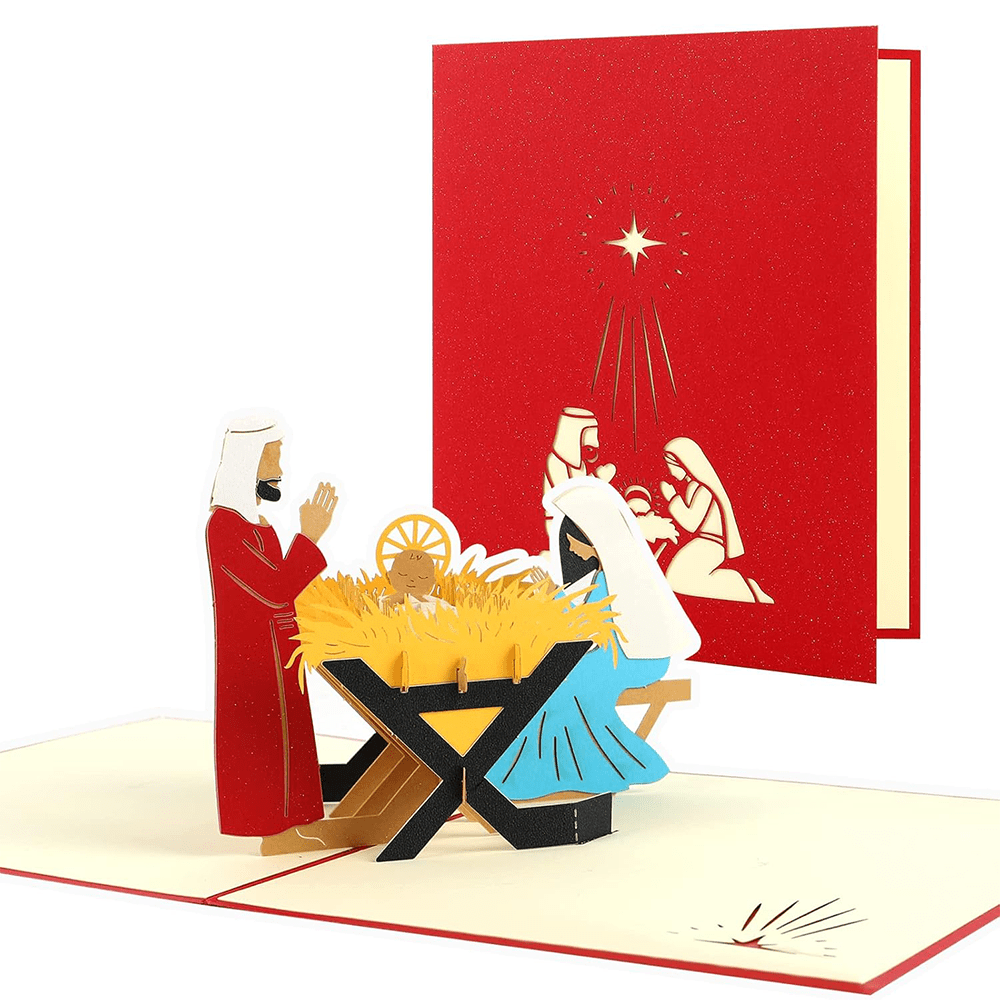Carte de vœux rouge en papier 3D représentant la Nativité du Christ et portant un message de bénédiction - Rouge - image 0