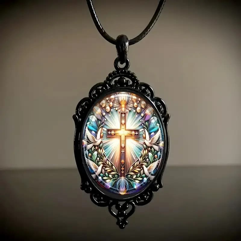 Christianartworkshop Collier pendentif en verre style rétro avec croix et colombe sainte - image 1