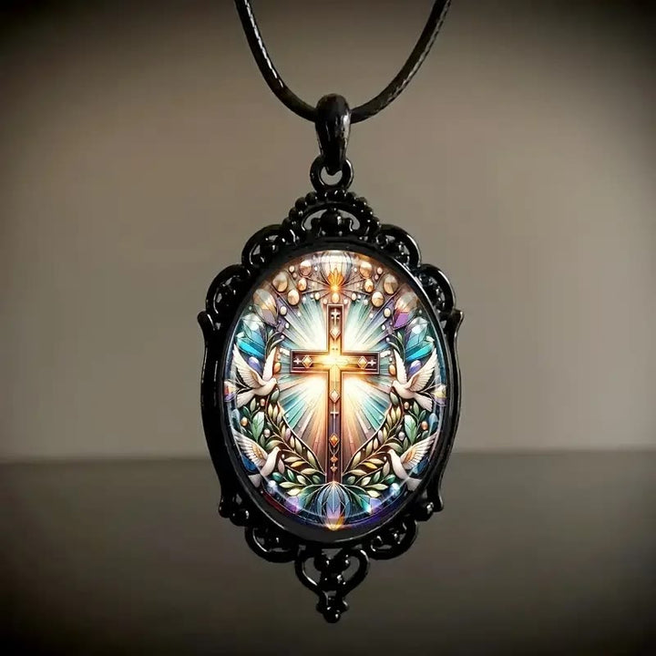 Christianartworkshop Collier pendentif en verre style rétro avec croix et colombe sainte - image 1