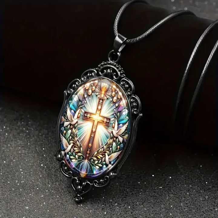 Christianartworkshop Collier pendentif en verre style rétro avec croix et colombe sainte - Croix et Sainte Colombe - image 0