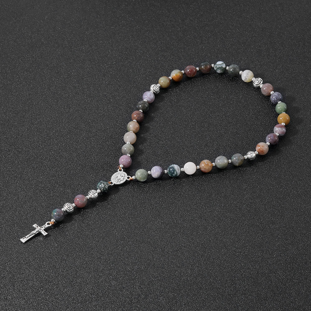 Christianartworkshop Médaille miraculeuse et crucifix en pierre multicolore ronde de 8 mm, chapelet en cordon de nylon - Agate indienne - image 0