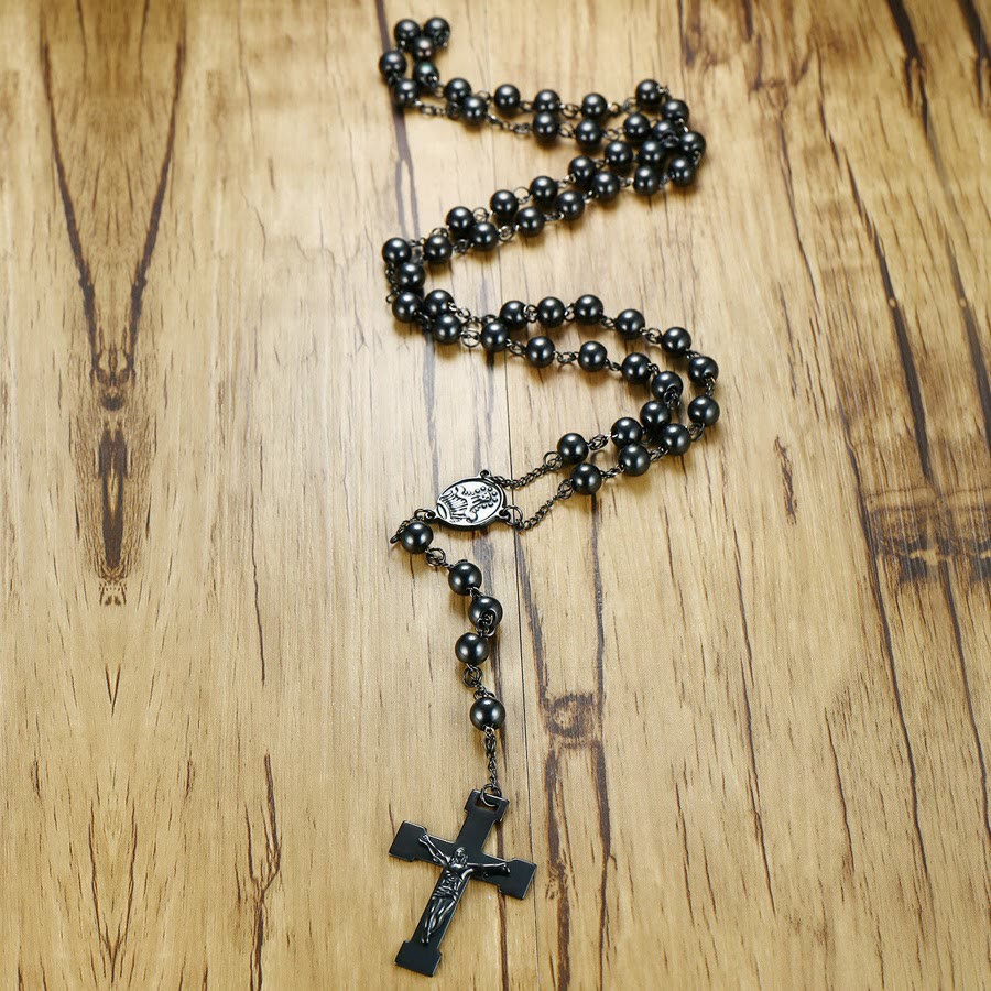 Christianartworkshop Chapelet Notre-Dame de Grâce et crucifix avec chaîne en alliage d'acier noir rond de 8 mm - image 1