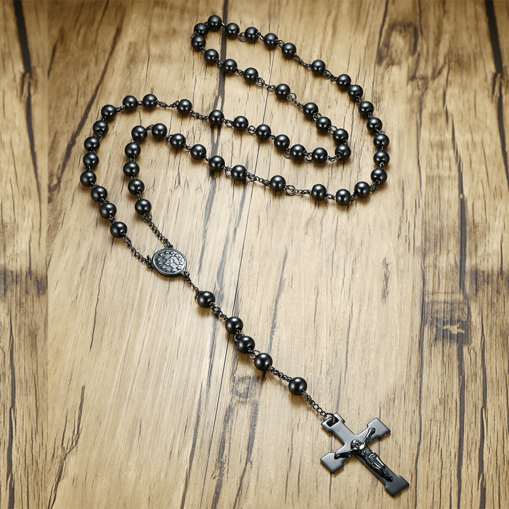 Christianartworkshop Chapelet Notre-Dame de Grâce et crucifix avec chaîne en alliage d'acier noir rond de 8 mm - Noir - image 0