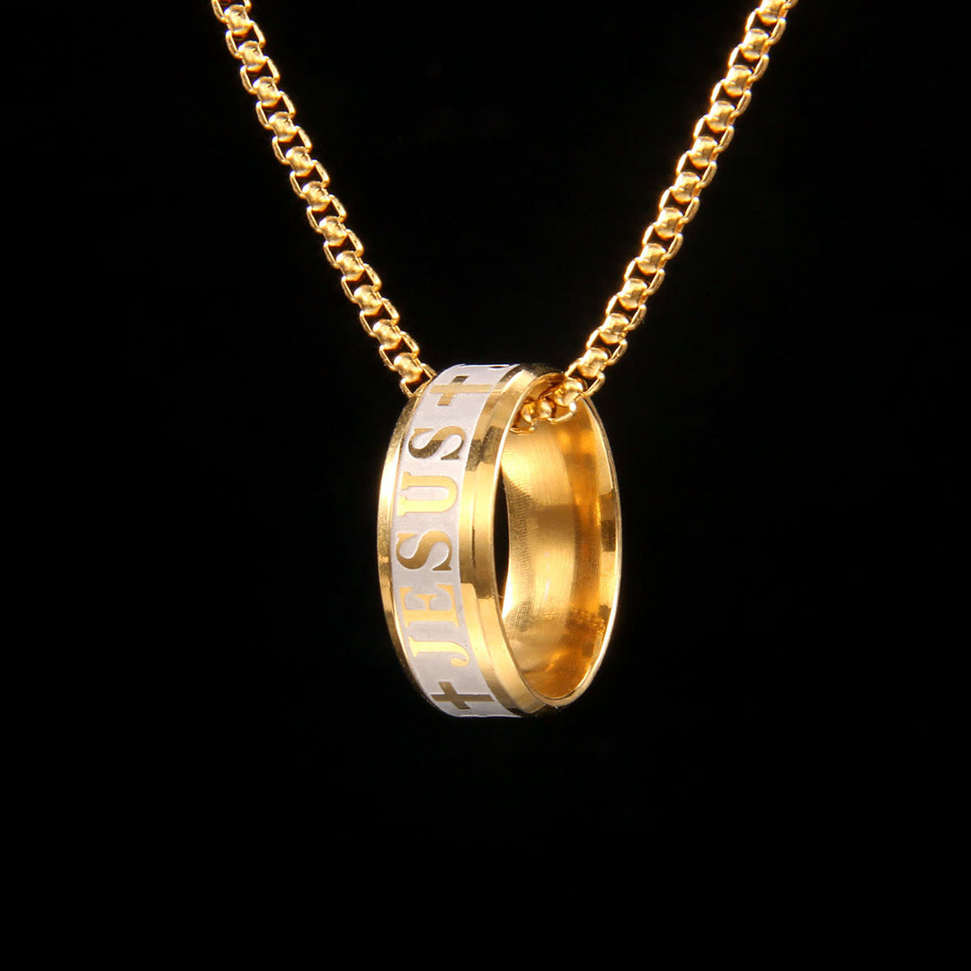 Christianartworkshop Bague et collier combinant une gravure laser « JÉSUS » et un collier chaîne. - Doré - image 0