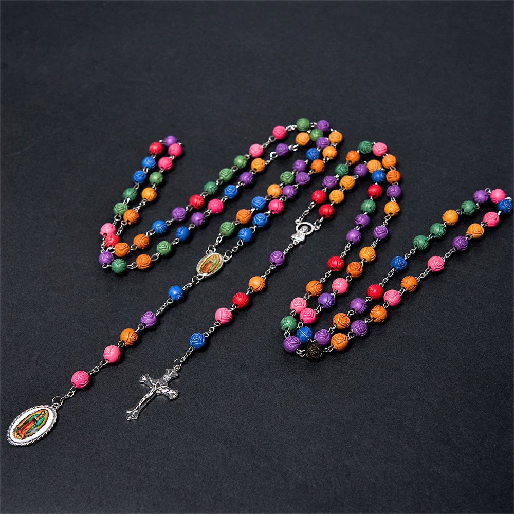 Christianartworkshop Chapelet Notre-Dame de Guadalupe et crucifix en résine multicolore (8 mm) avec chaîne en alliage - image 1