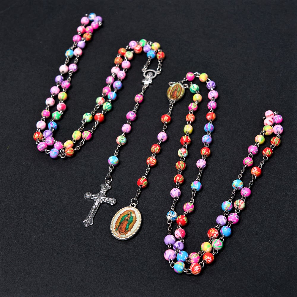 Christianartworkshop Chapelet Notre-Dame de Guadalupe et crucifix en pâte polymère multicolore ronde de 6 mm, chaîne en alliage - image 1