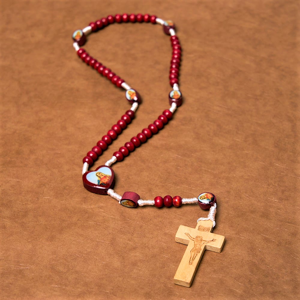 Chapelet en bois rouge vin, croix, Vierge Marie, art chrétien - image 3