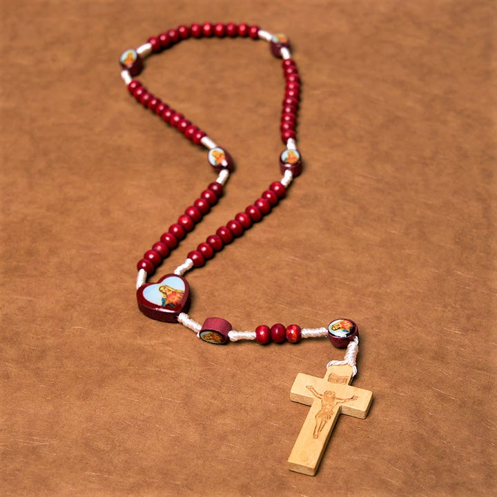 Chapelet en bois rouge vin, croix, Vierge Marie, art chrétien - image 3