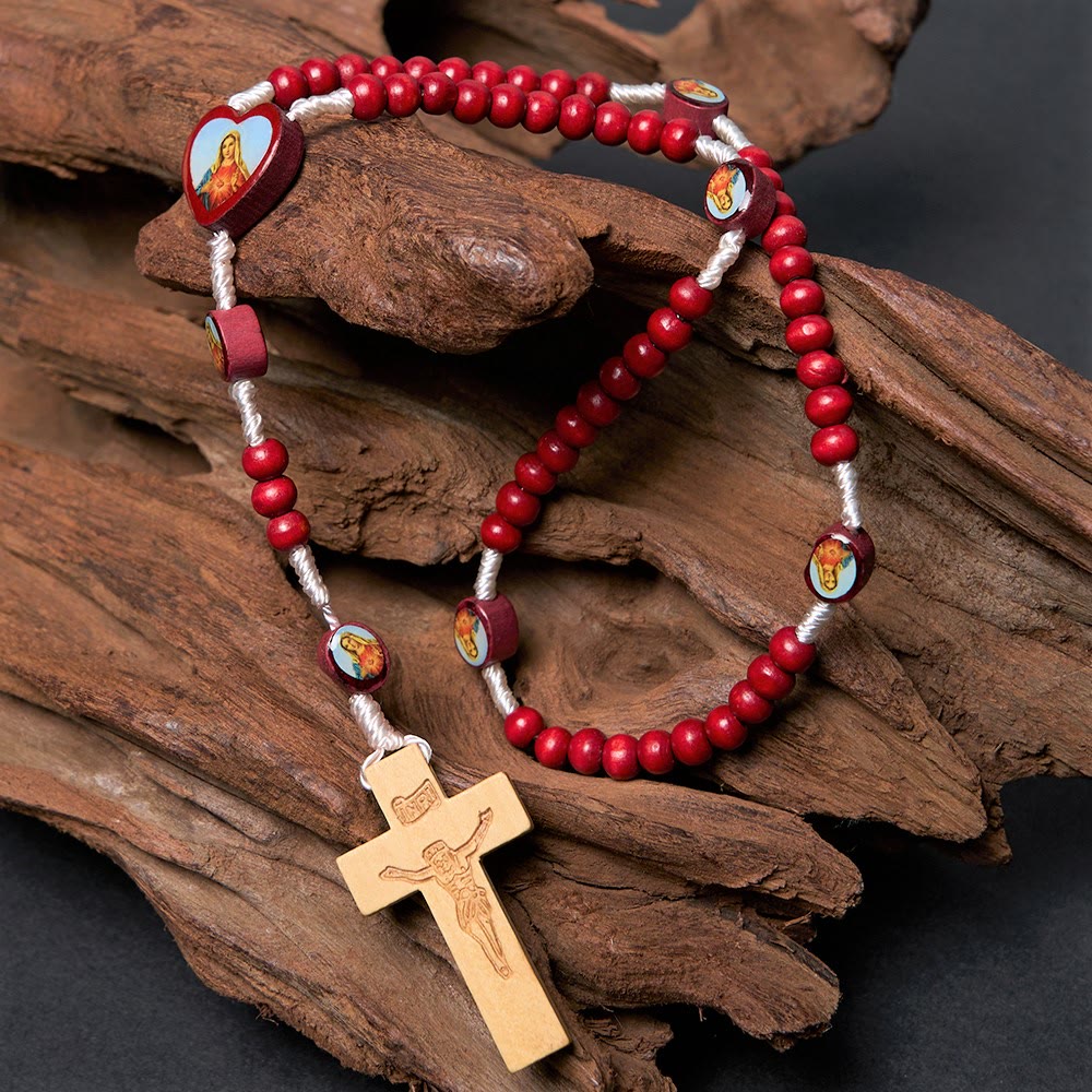 Chapelet en bois rouge vin, croix, Vierge Marie, art chrétien - Vierge Marie - image 0