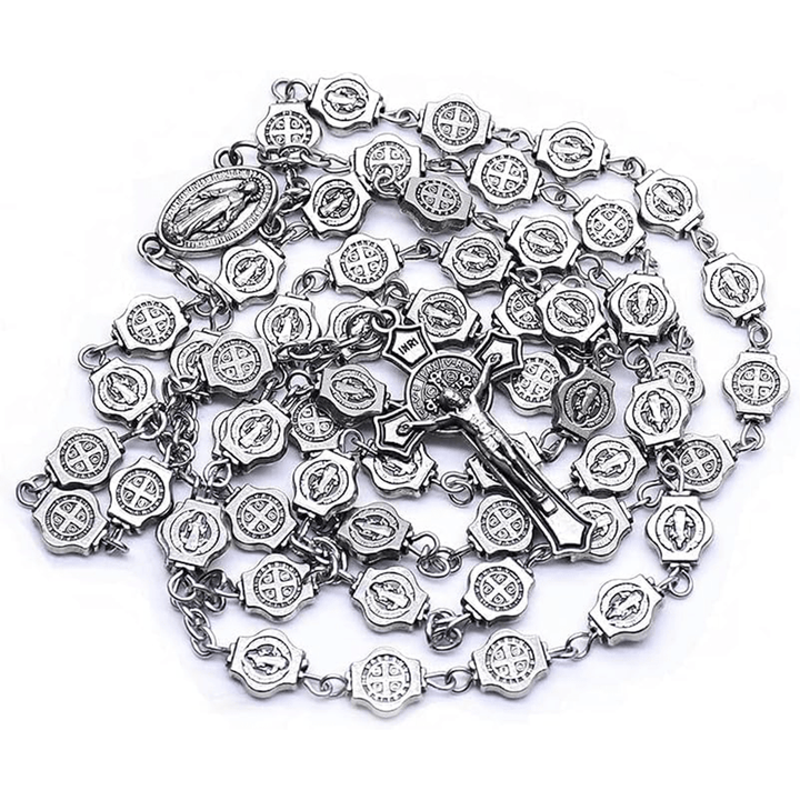 Christianartworkshop Médaille de Saint Benoît et crucifix en polyèdre de 8 mm, chaîne en alliage de métal argenté, chapelet - image 4