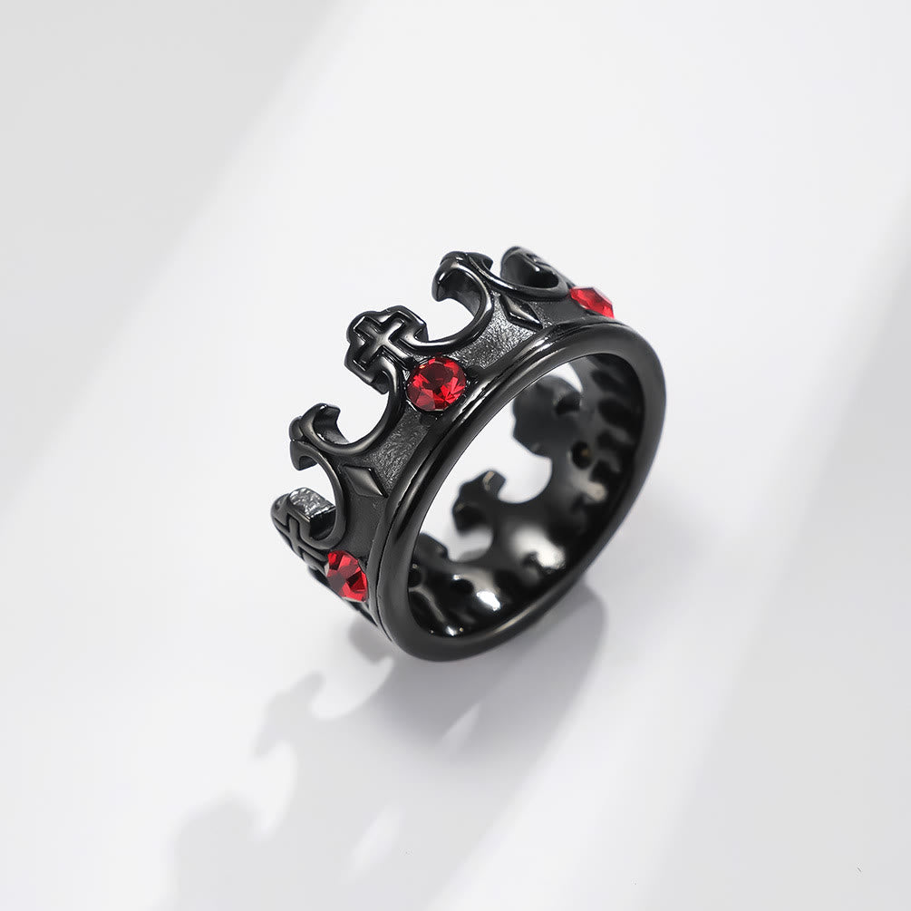Christianartworkshop Bague en titane style rétro avec croix papale et pierre rouge, ornée d'une couronne. - Noir - US13 - image 3