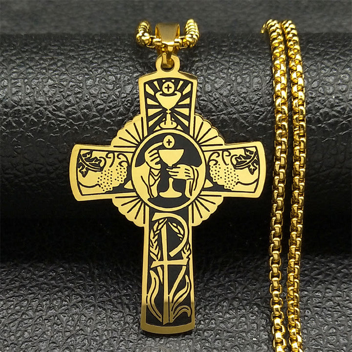 Christianartworkshop Collier croix eucharistique halo de vigne style multi-éléments - Doré - image 0