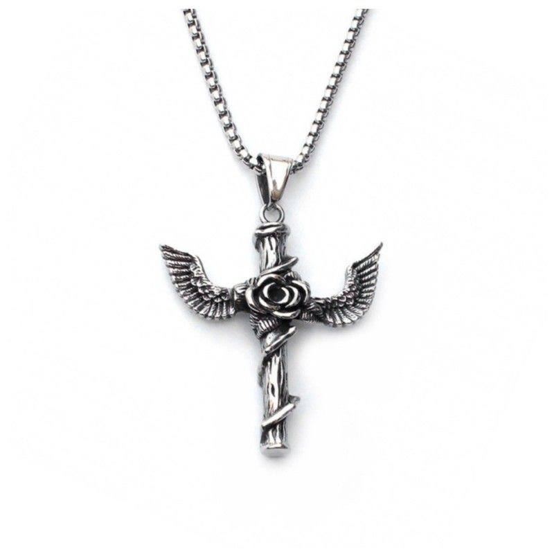 Christianartworkshop Collier en titane avec pendentif croix rose et ailes style rétro - image 3