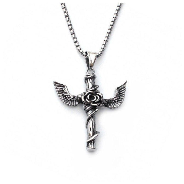 Christianartworkshop Collier en titane avec pendentif croix rose et ailes style rétro - image 3