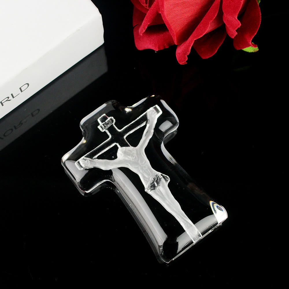 Christianartworkshop Croix crucifix de Jésus en cristal blanc transparent de style classique, ornement de bureau - image 1