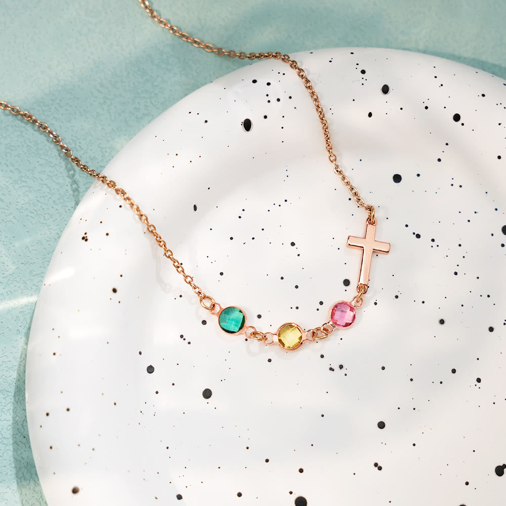 Christianartworkshop Collier croix style moderne avec pierres de naissance - or rose - image 0