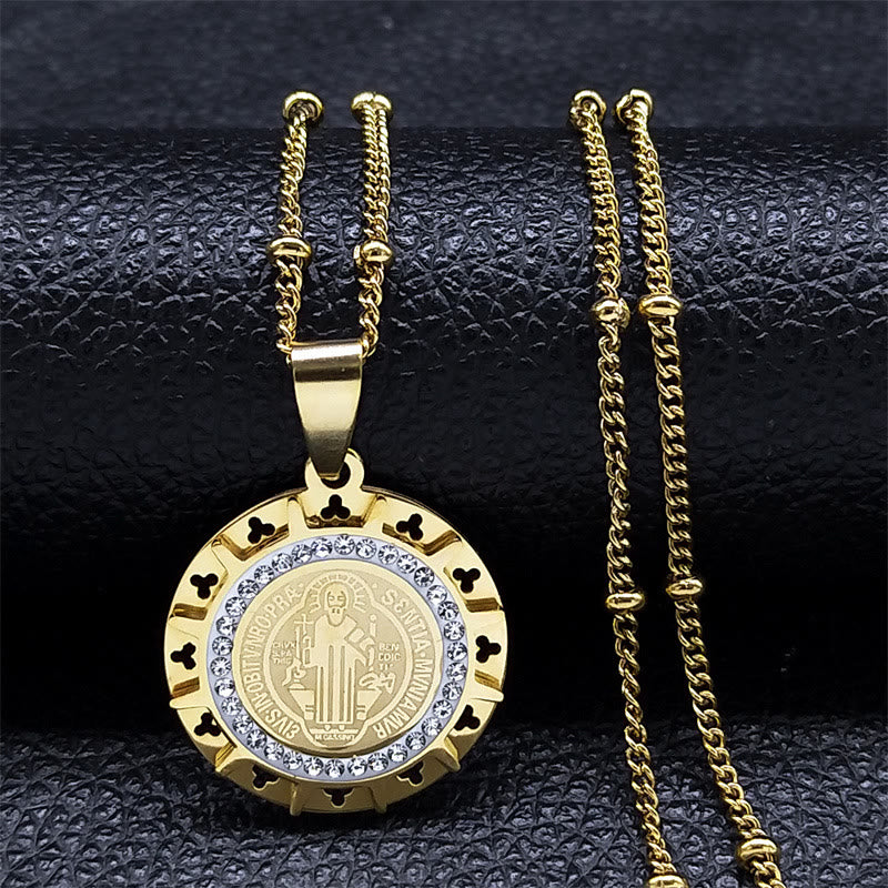 Christianartworkshop Collier pendentif médaille Saint Benoît sertie de pierres précieuses, style rétro - Doré - image 1
