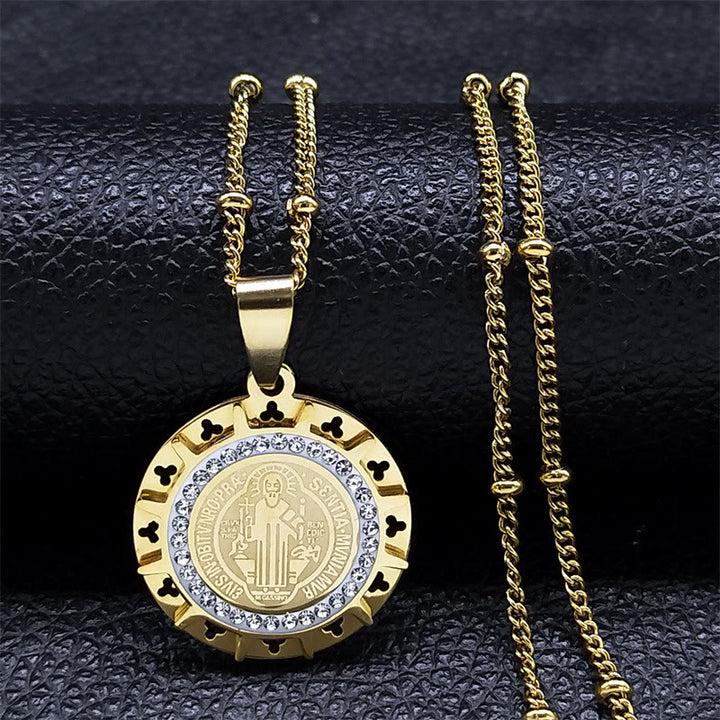 Christianartworkshop Collier pendentif médaille Saint Benoît sertie de pierres précieuses, style rétro - Doré - image 1