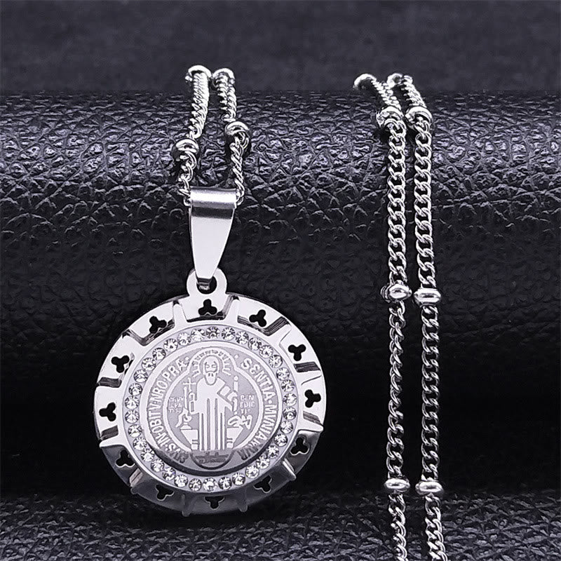 Christianartworkshop Collier pendentif médaille Saint Benoît sertie de pierres précieuses, style rétro - Argent - image 0