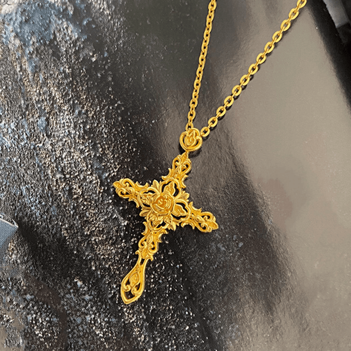 Christianartworkshop Pendentif croix rose et épine en or pur 999, style rétro, fabrication artisanale ancienne - image 3
