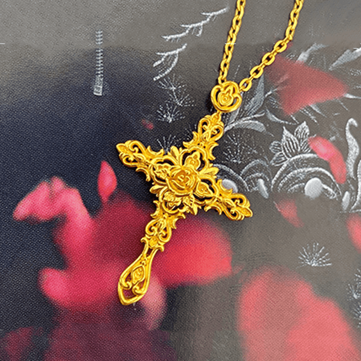 Christianartworkshop Pendentif croix rose et épine en or pur 999, style rétro, fabrication artisanale ancienne - image 1