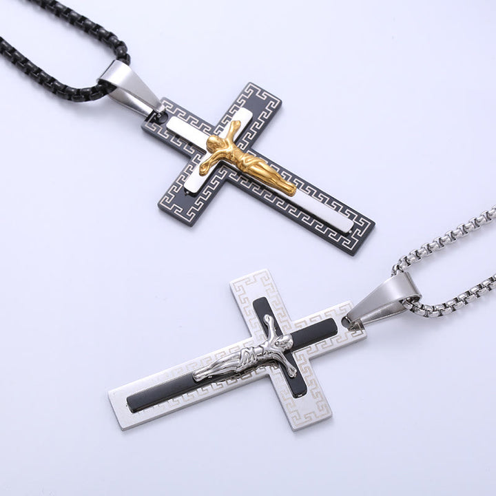 Christianartworkshop Collier en titane avec pendentif crucifix triple couche style rétro - image 1