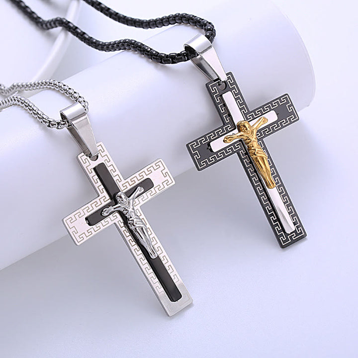 Christianartworkshop Collier en titane avec pendentif crucifix triple couche style rétro - image 3
