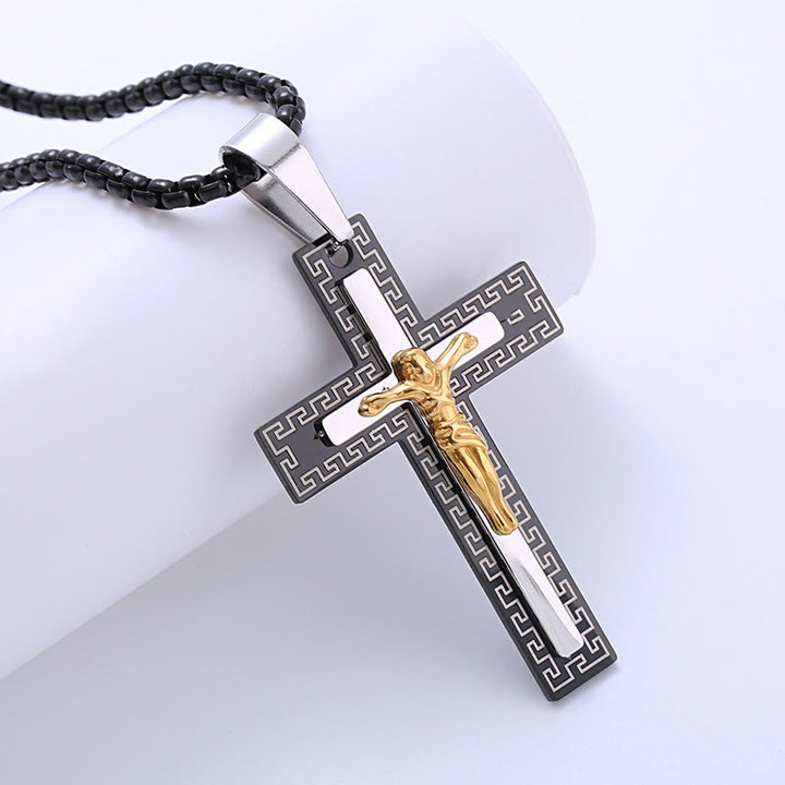 Christianartworkshop Collier en titane avec pendentif crucifix triple couche style rétro - Noir - image 0