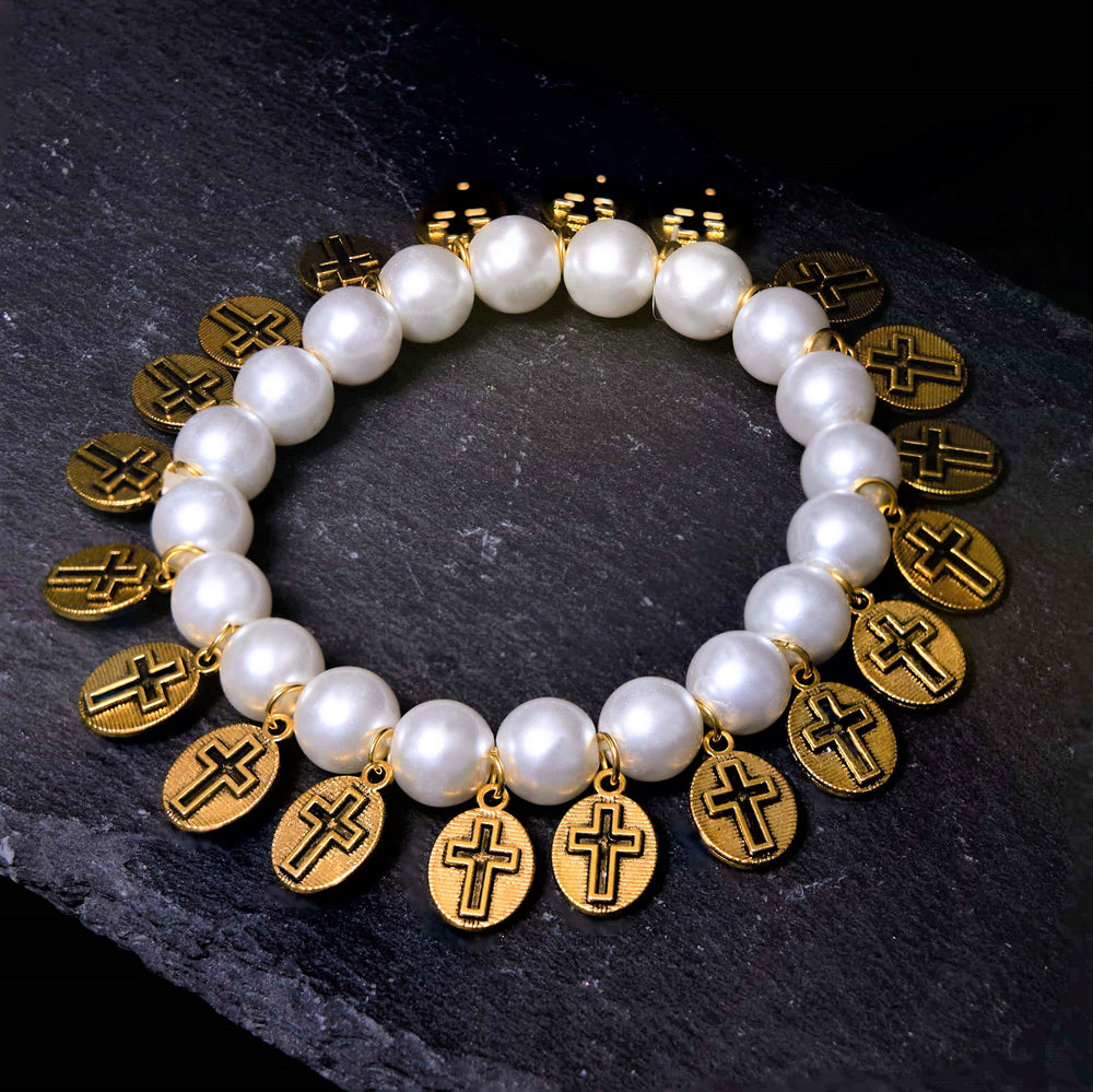 Christianartworkshop Bracelet croix et perles style rétro avec médailles de Saint Jésus et Marie - image 1