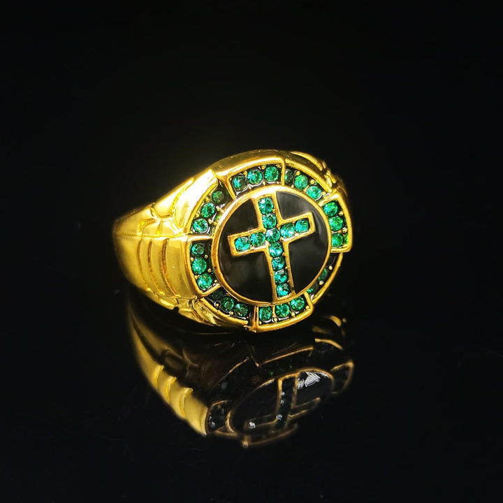 Bague croix en alliage doré ornée de pierres précieuses vertes, style rétro, signée Christianartworkshop - image 4