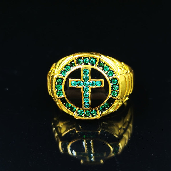 Bague croix en alliage doré ornée de pierres précieuses vertes, style rétro, signée Christianartworkshop - image 5