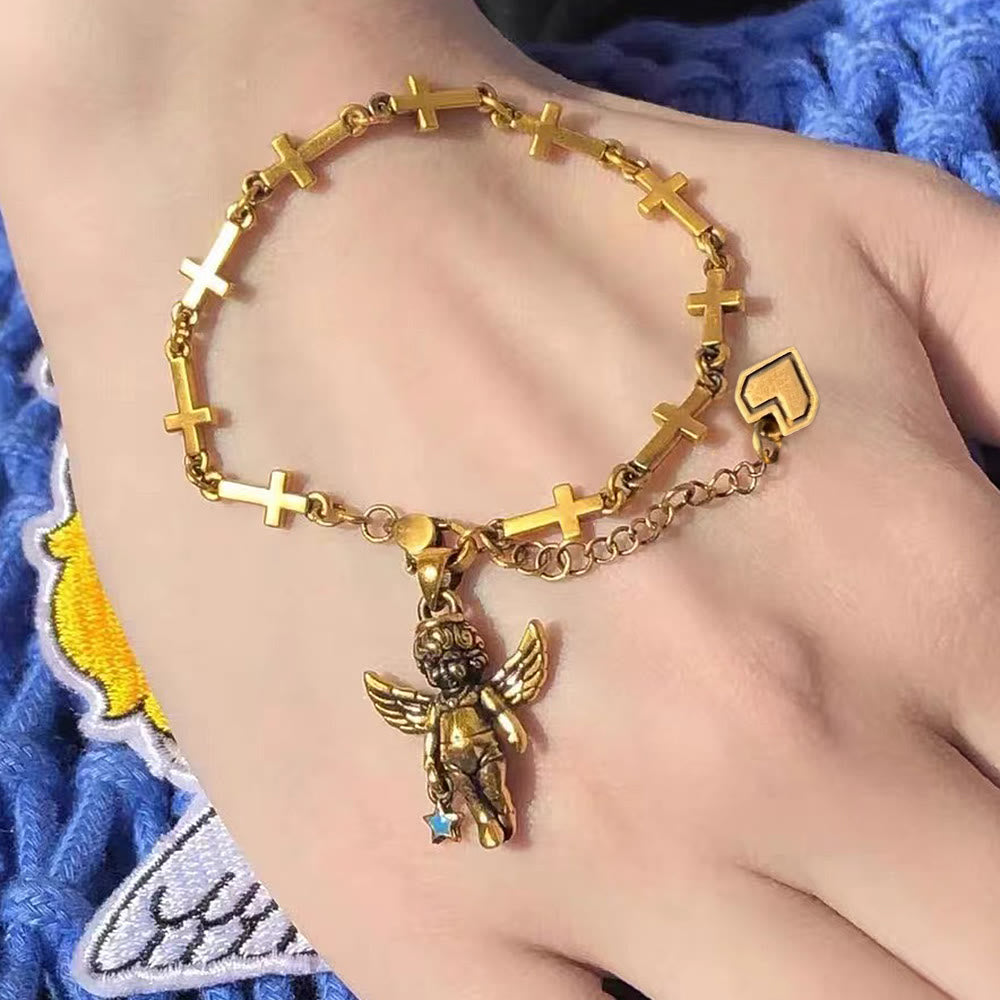 Bracelet Christianartworkshop style rétro en bronze avec étoile porte-bonheur, ange et croix en forme de cœur - Ange des étoiles - image 0
