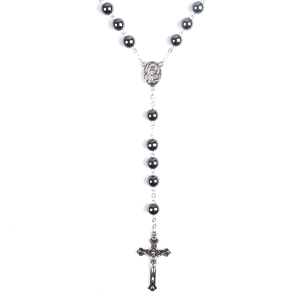 Christianartworkshop Chapelet en alliage d'hématite noire ronde de 8 mm, orné d'une Vierge à l'Enfant et d'un crucifix - image 3