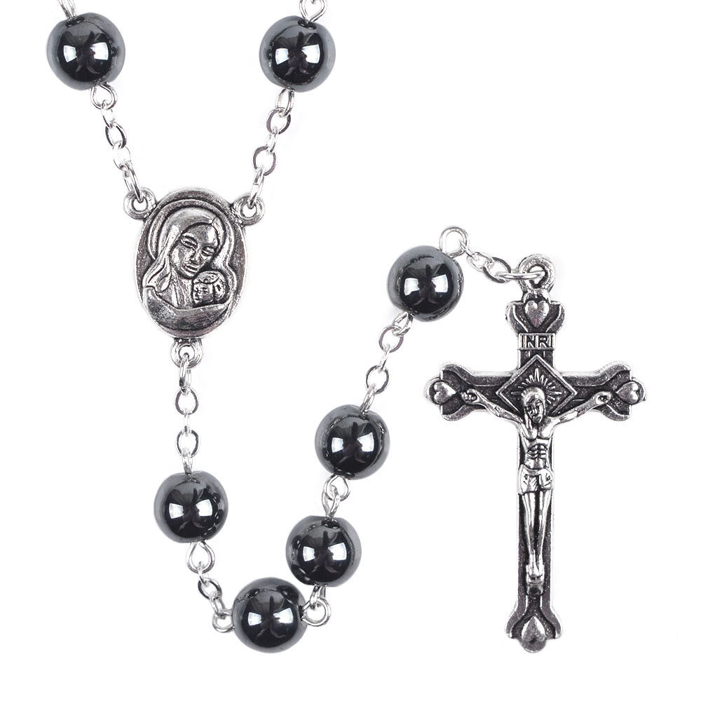 Christianartworkshop Chapelet en alliage d'hématite noire ronde de 8 mm, orné d'une Vierge à l'Enfant et d'un crucifix - image 1