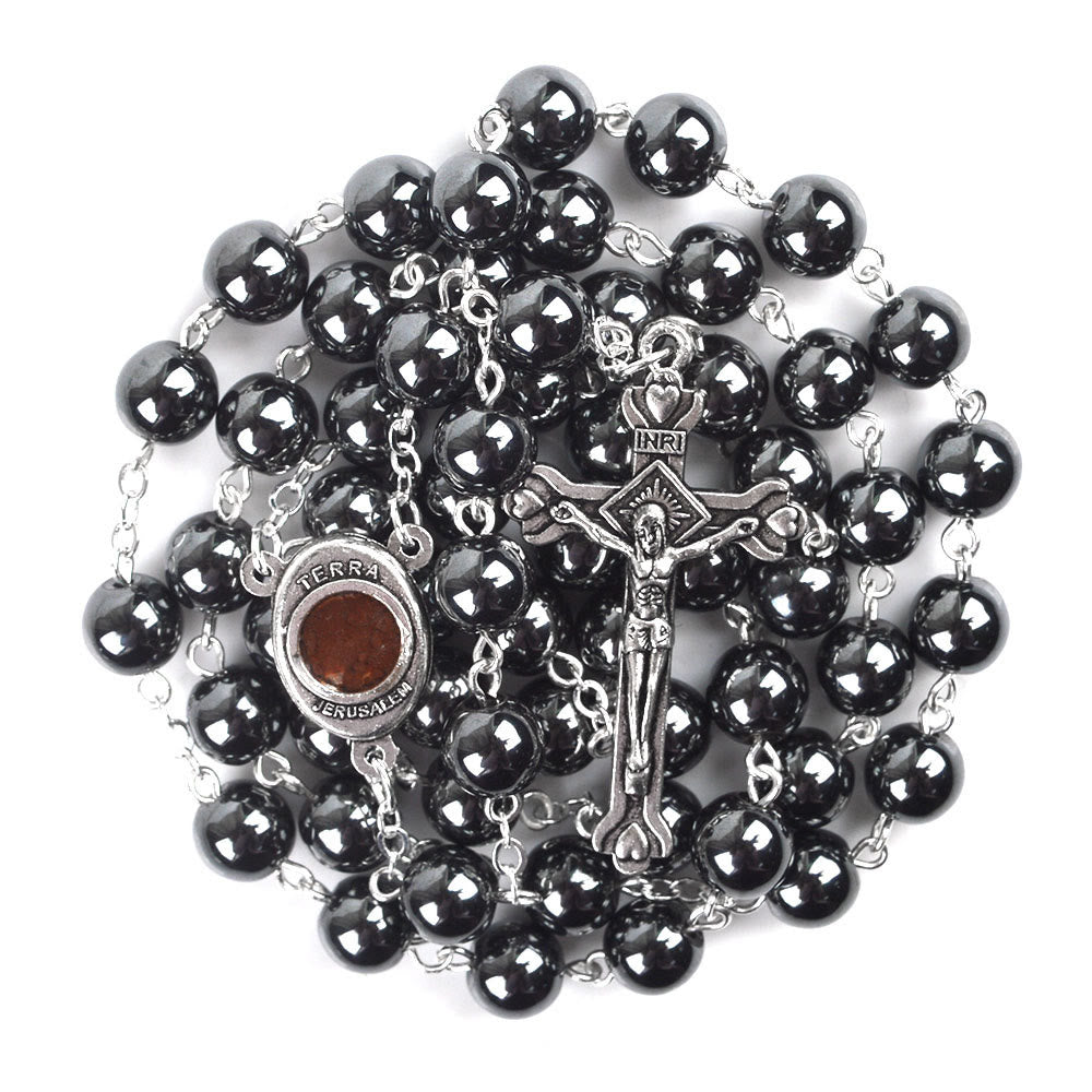 Christianartworkshop Chapelet en alliage d'hématite noire ronde de 8 mm, orné d'une Vierge à l'Enfant et d'un crucifix - Noir - image 0