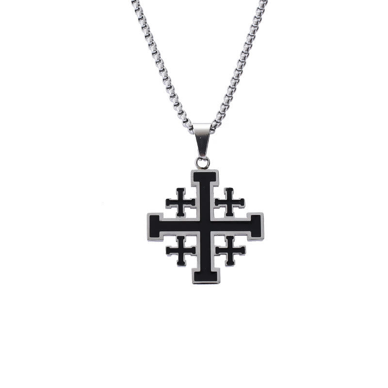 Christianartworkshop Collier pendentif croix de Jérusalem style hip-hop en acier titane - Argent avec chaîne - image 5