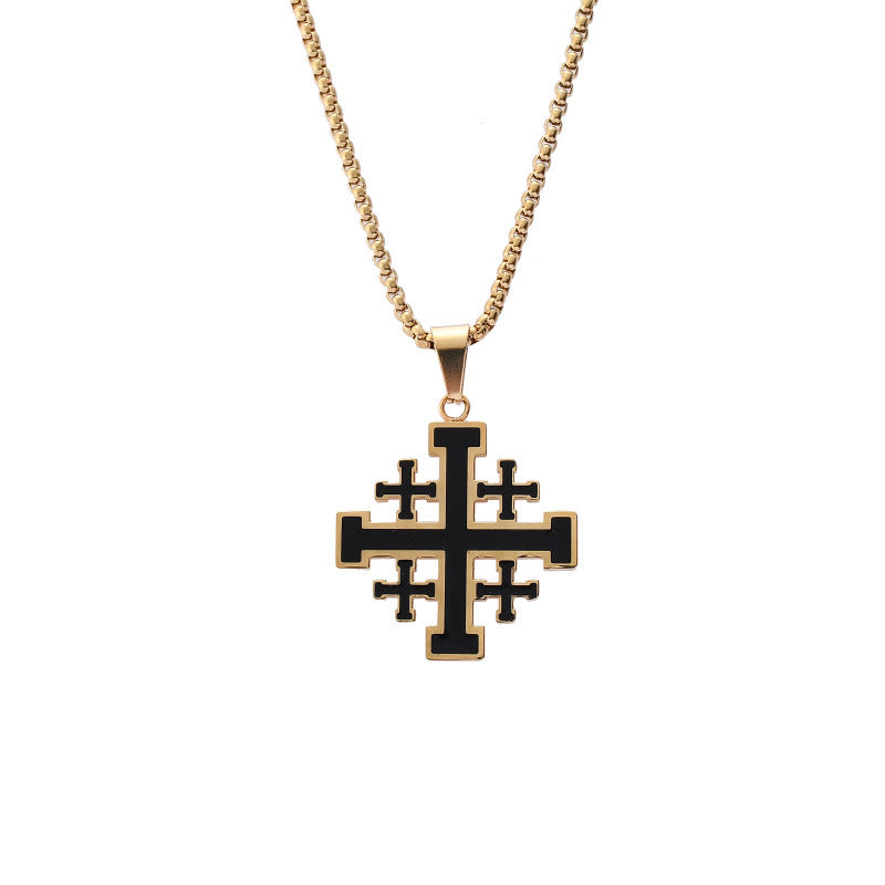 Christianartworkshop Collier pendentif croix de Jérusalem style hip-hop en acier titane - Or avec chaîne - image 6