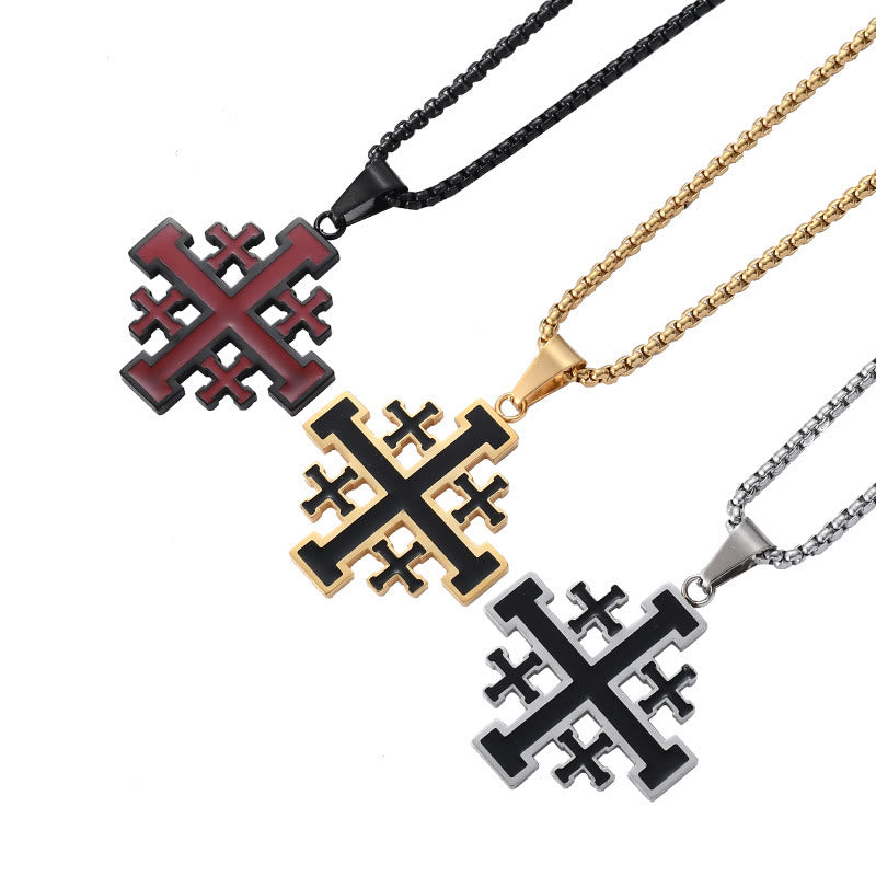 Christianartworkshop Collier pendentif croix de Jérusalem style hip-hop en acier titane - image 0