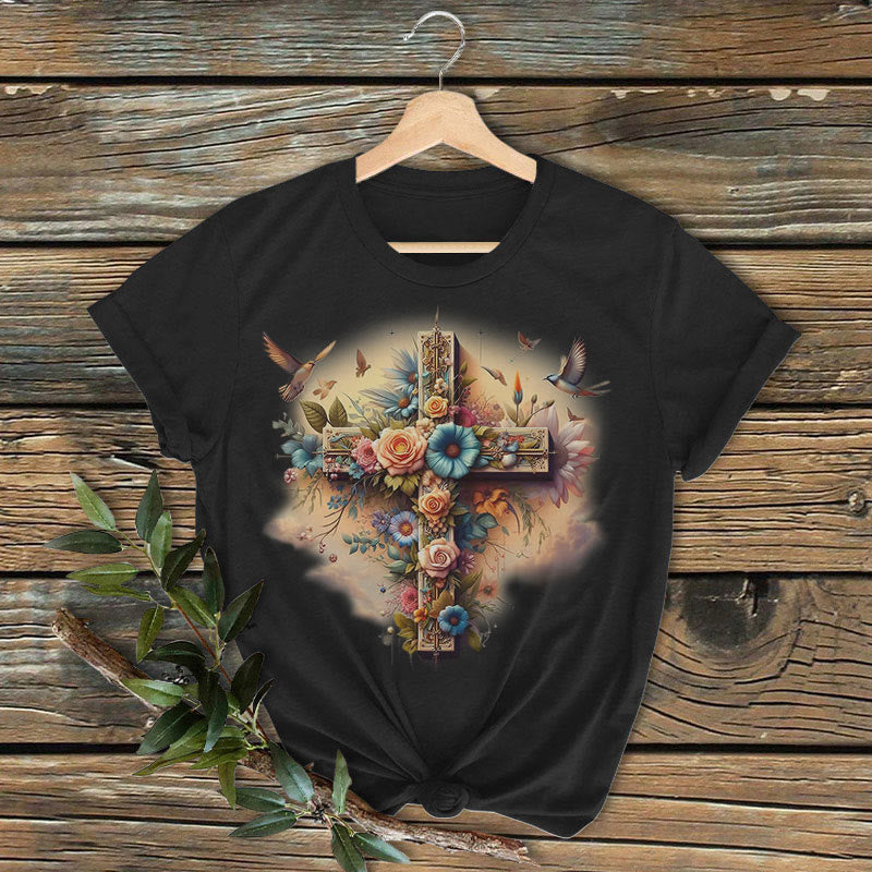 T-shirt à manches courtes délavé Christianartworkshop, style classique coloré, croix de l'amour - Noir - 2XL - image 1