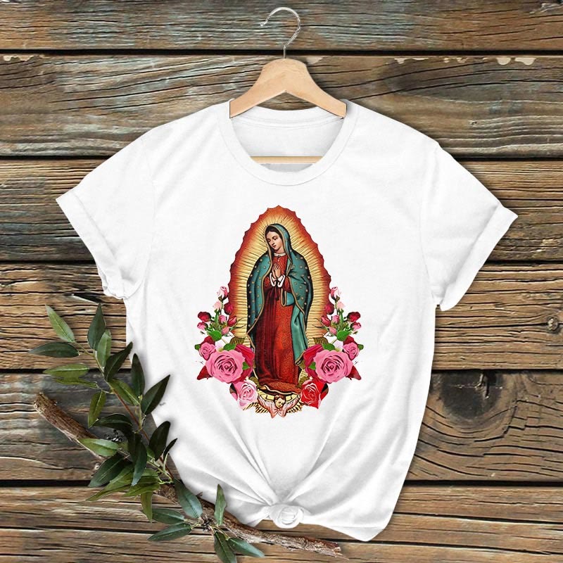 T-shirt à manches courtes délavé Notre-Dame de Guadalupe, style classique et coloré, de Christianartworkshop - Blanc - 2XL - image 0