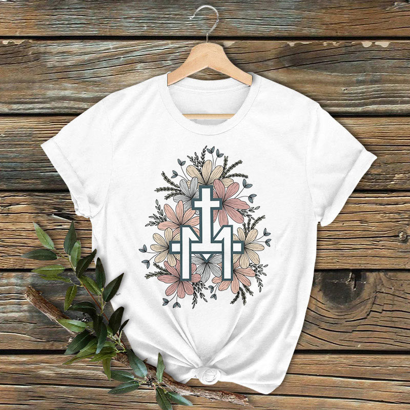 T-shirt à manches courtes délavé à motif floral et croix mariale, style classique coloré, de Christianartworkshop - Blanc - 2XL - image 0
