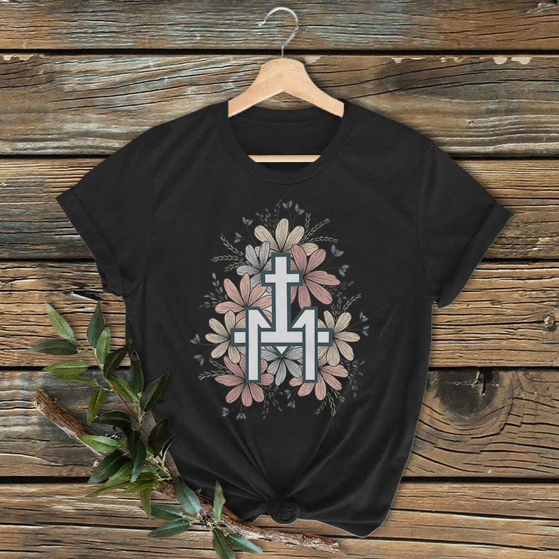 T-shirt à manches courtes délavé à motif floral et croix mariale, style classique coloré, de Christianartworkshop - Noir - 2XL - image 1