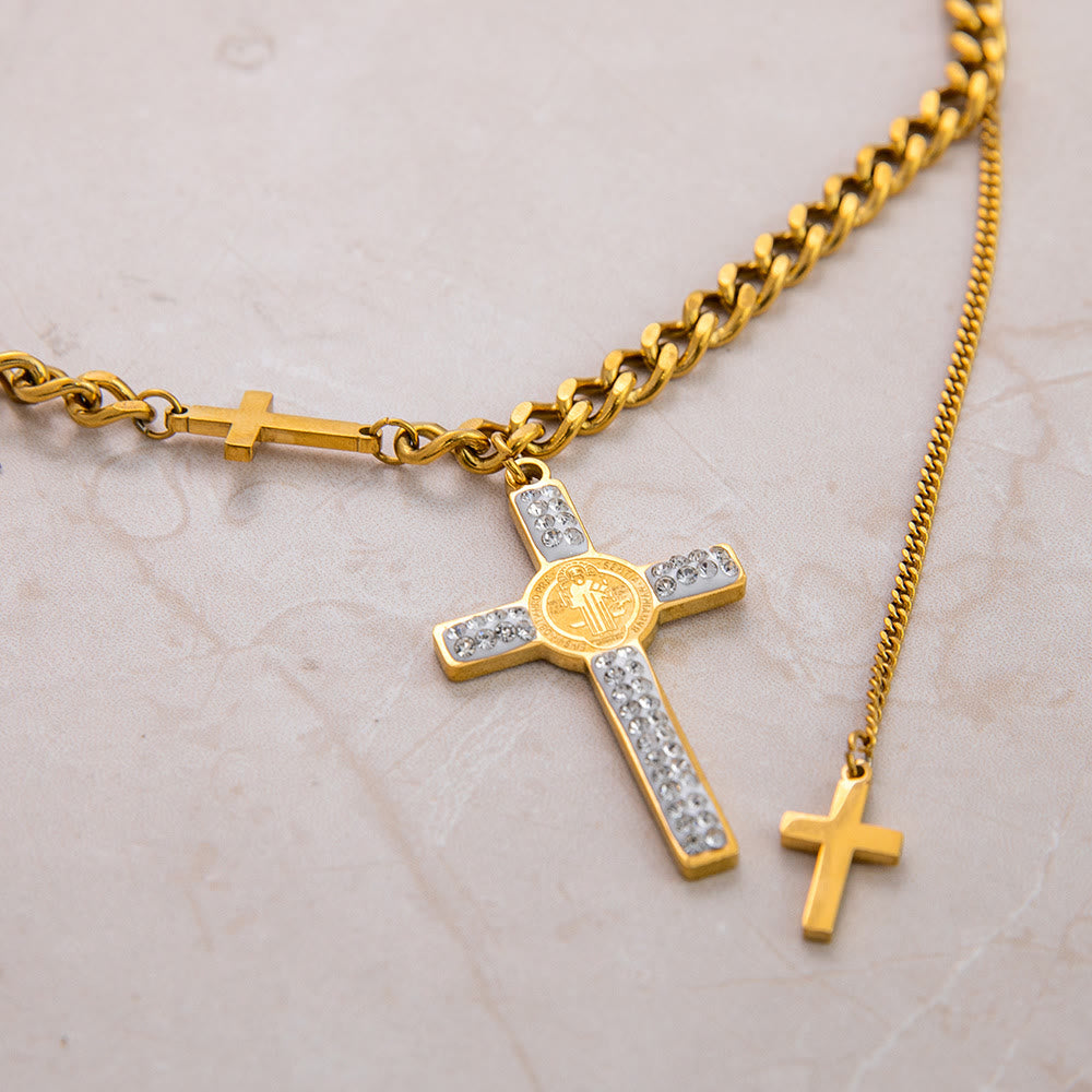 Christianartworkshop Collier à plusieurs rangs avec pendentif croix de Saint-Benoît et chaînes mixtes - image 2